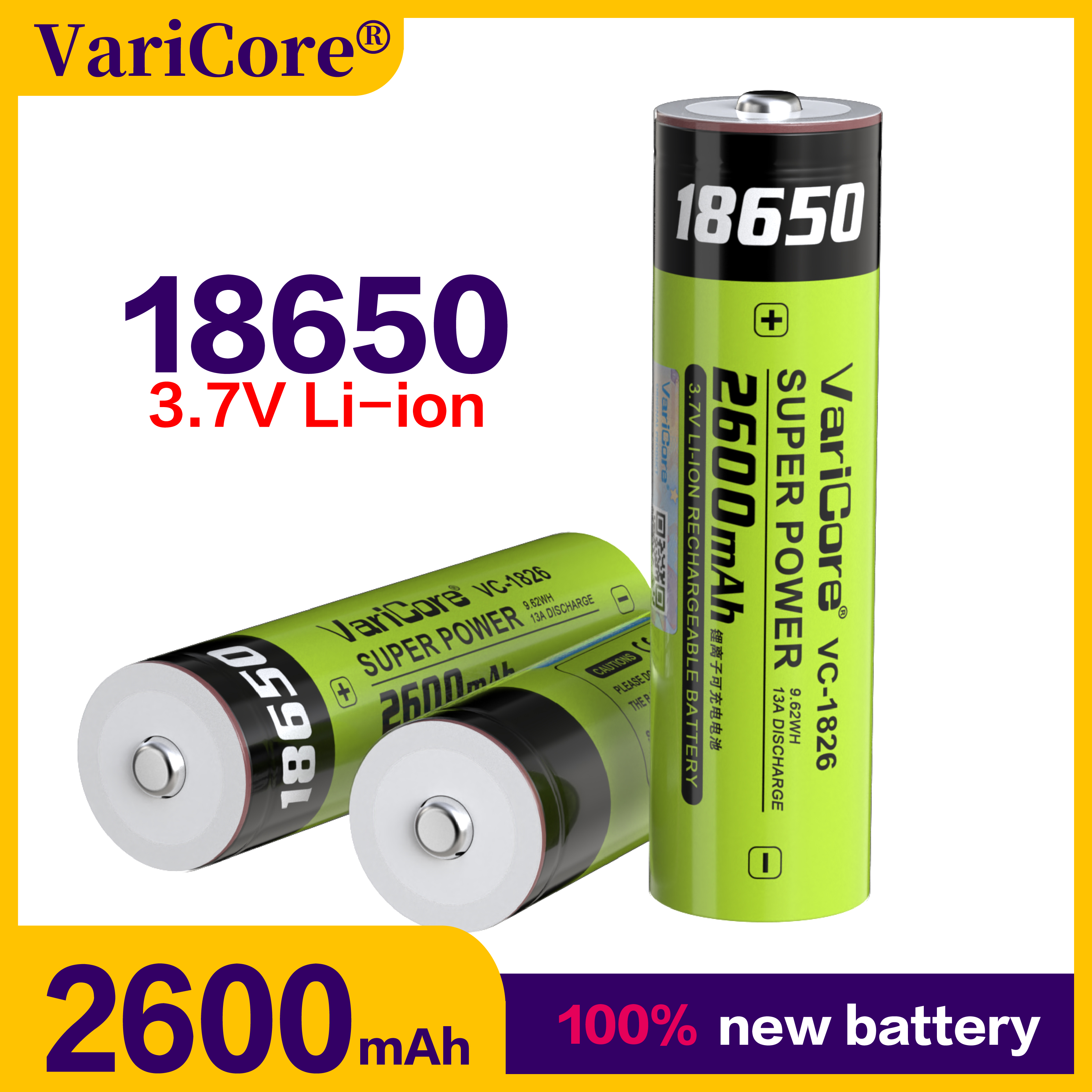 18650 oppladbare batterier 18650 li- ionbatterier 3.7v 2600 mah innebygd batteri i enheten, klasse a-kvalitet varicore-vvv
