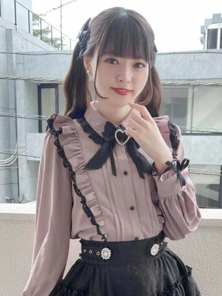 Chemise à volants en dentelle japonaise Kawaii pour femmes, chemisier à nœud rose Y2k, Harajuku, hauts mignons pour dames, nouvelle Lolita Blusas Femme 2025