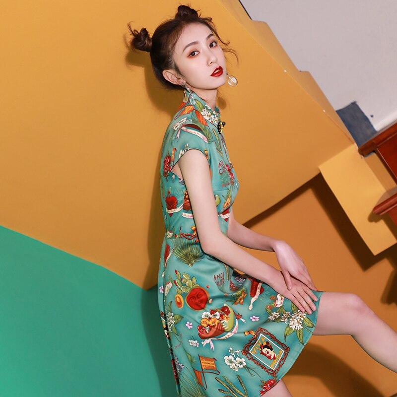 and improved cheongsam print dress chinese traditional dress for women cheongsam