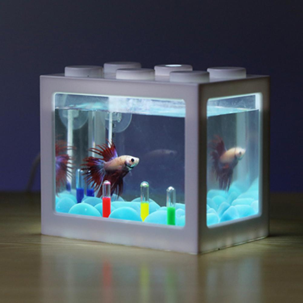 Mini Aquarium with Light Fishbowl for Home Office Tea Table Decoration: White 