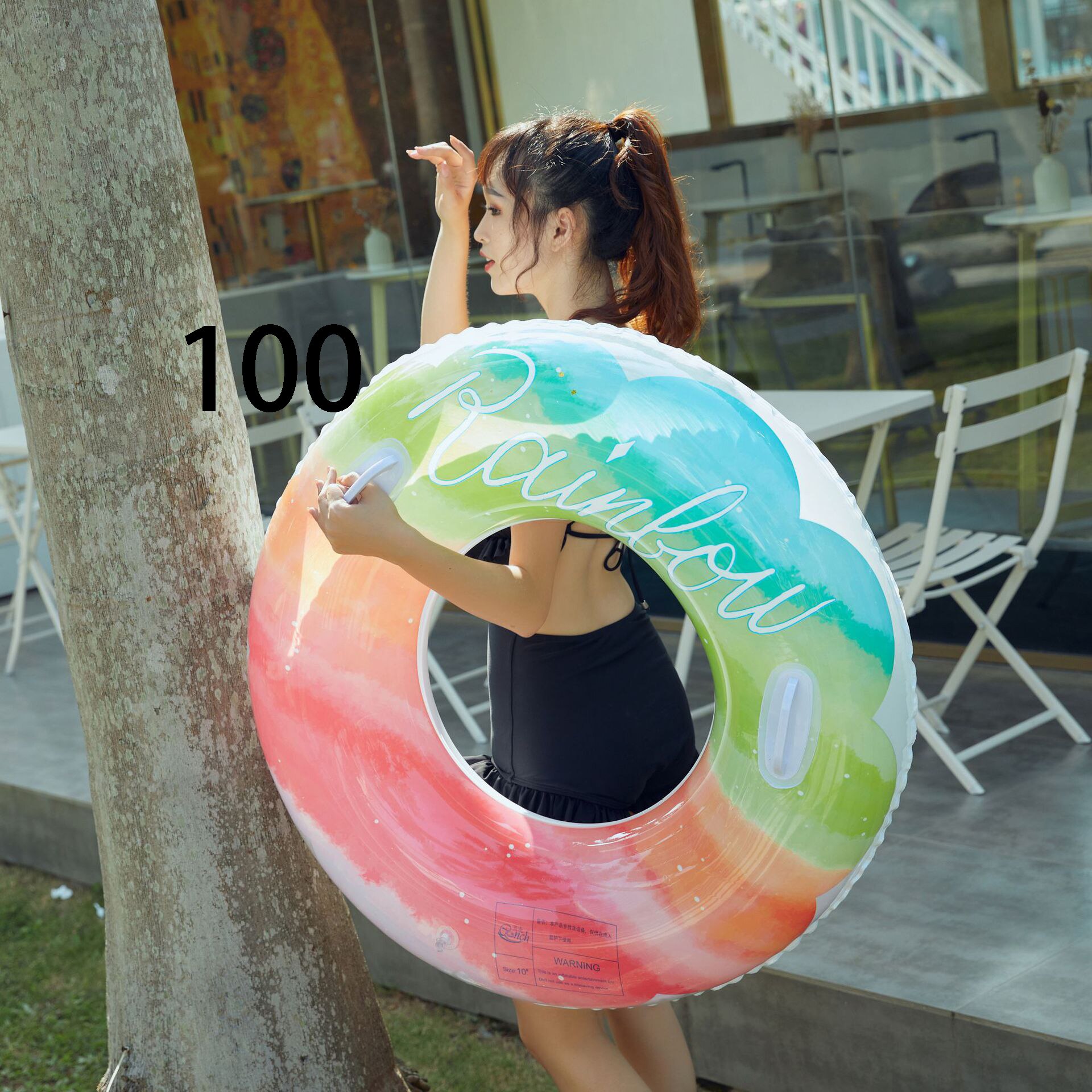 Color Swimming Ring Ins Net Red Wind Gradient Rainbow Flower Children&#39;s Swimming Ring Thickening Underarm Ring PVC Swimming Ring: with handle100