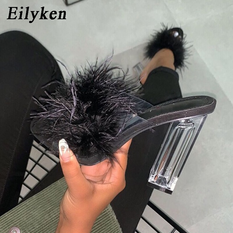 Eilyken Mode Harige Open Teen Slippers Clear Crystal Hoge Hakken Vrouwen Schoenen Vierkante Hak Transparante Vrouwelijke Sandalen