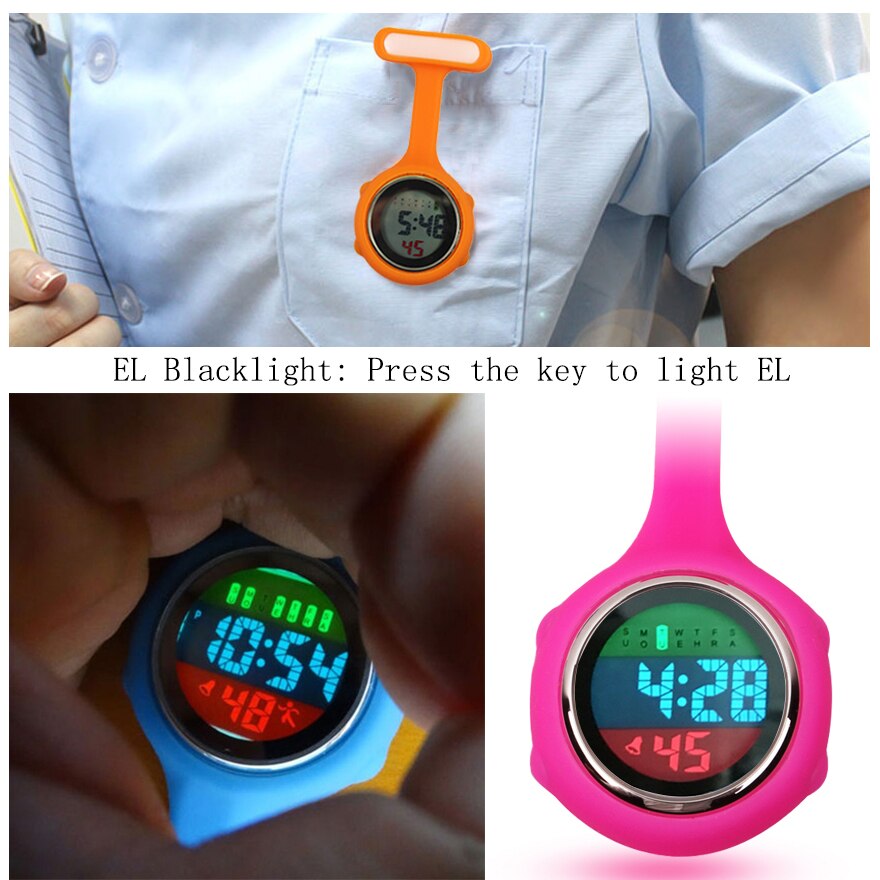 8 farve digital lysende urskive klip-på fob sygeplejerske broche pin hæng lommeur baglys silikone børn børn mænd lommeur