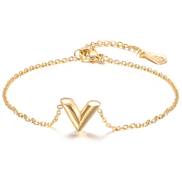 Joyería de , pulseras de acero inoxidable con letra V para mujer, brazalete con inicial ajustable, pulseras de cadena de de boda al por mayor: Oro oscuro