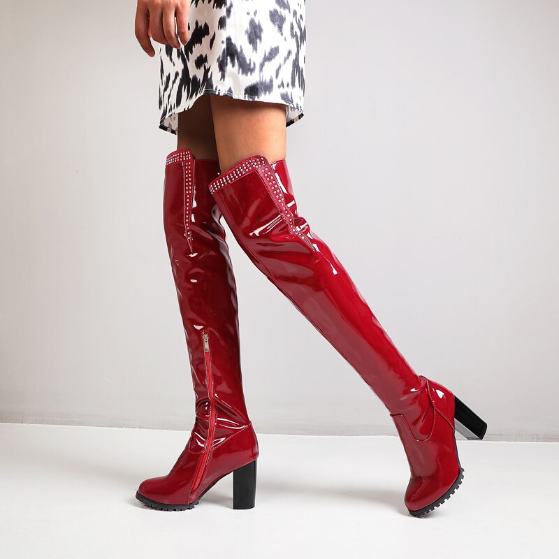 Strass Oversized Vierkante Hak Lakleer Over-De-Knie Laarzen Bordeaux Helder Leer Super Hoge Hak En Fluwelen warm Boot