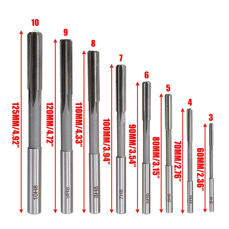 8PCS 3/4/5/6/7/8/9/10mm HSS Hand Reamer Kit Straight Shank H8 Chucking Reamers Set Cutter Tool For Bore Machine