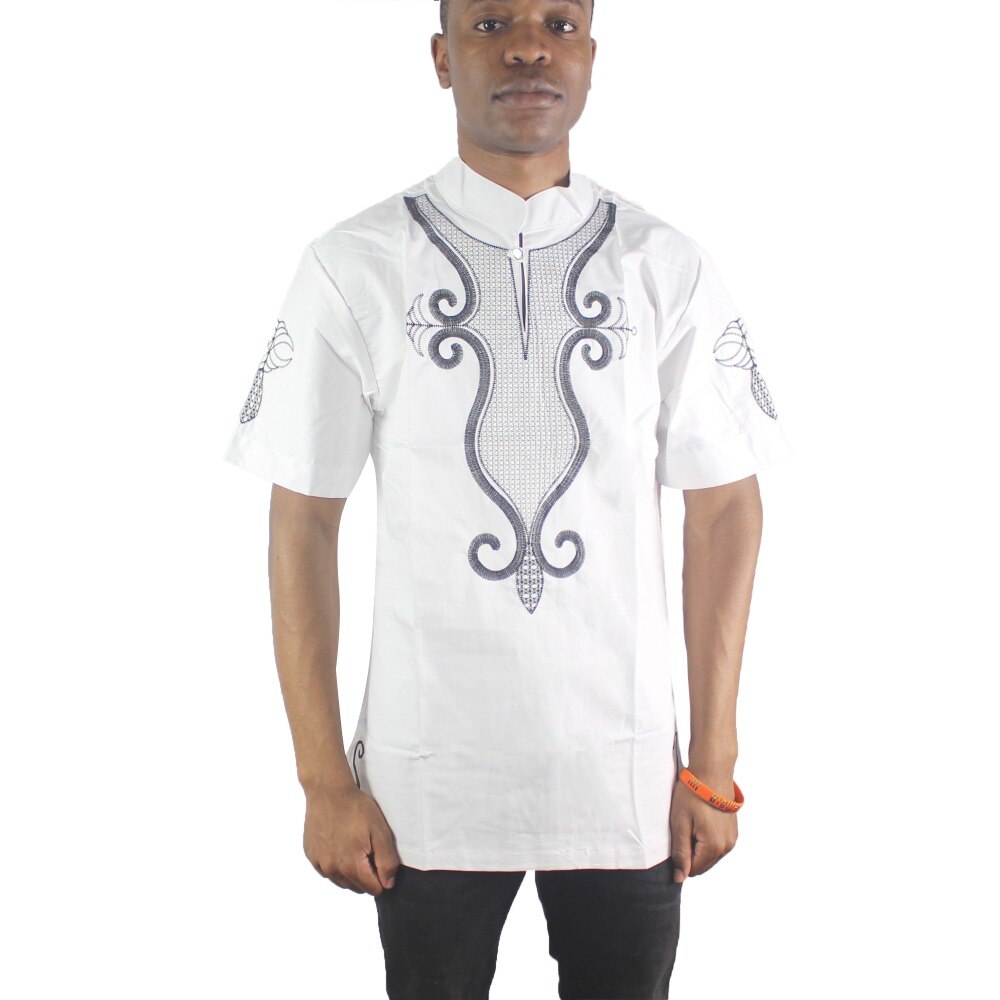 Weiß Glück Stickerei männer Ethnische Tops Kragen Kurzarm Muslimischen Shirts für Männliche Sommer Tragen Футболка мужская