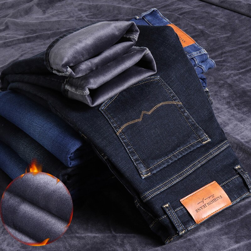 Dikke fluwelen broek warme jeans casual fleece broek heren winter overgewicht jeans blauw zwart regular fit stretch