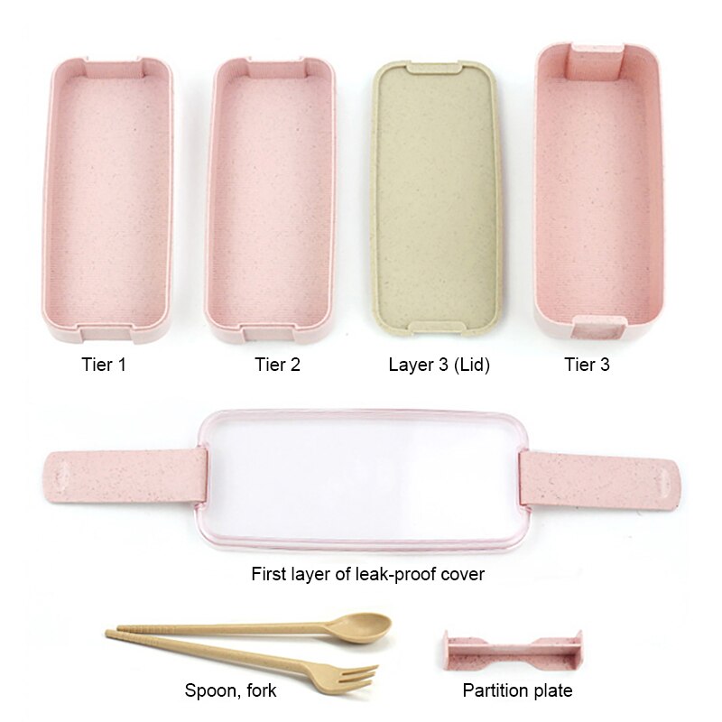 3 Lagen Lunchbox 900Ml Draagbare Tarwe Stro Bento Boxs Magnetron Dinnerwaer Foos Opslag School Kantoor Voedsel Container