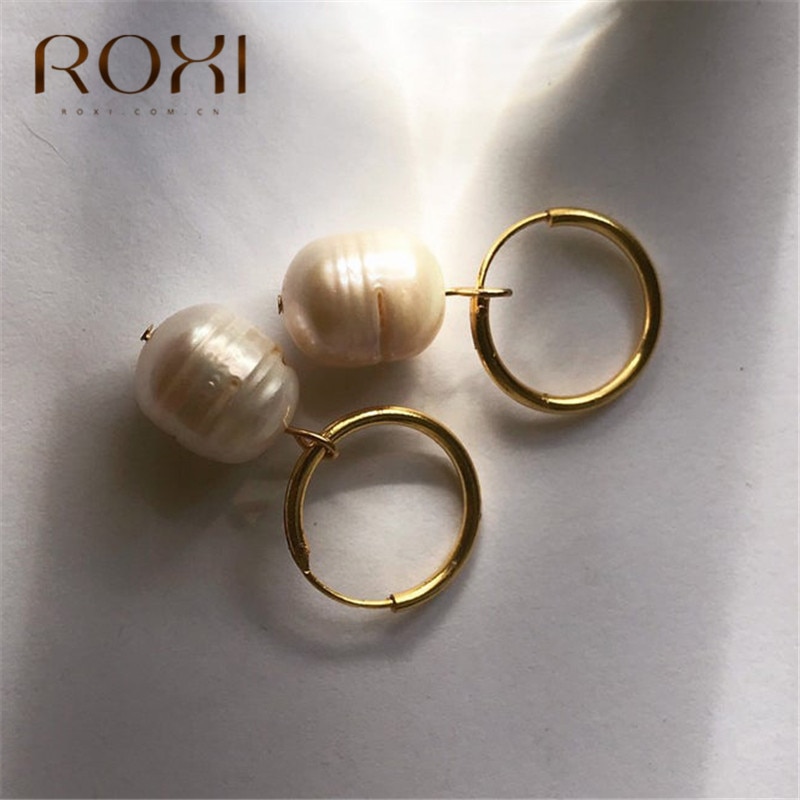 ROXI Freshwater Pearl Pendant Hoop Earrings for Women Gold Loop Circle Earrings Baroque Pearl Huggie Earring Trendy Jewelry