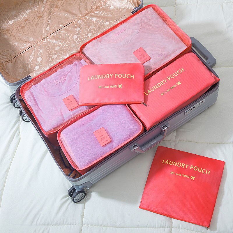 Nylon Packing Cubes Travel Bag System Durable 6 Pieces/ Set Large Capacity Of Unisex Clothing Sorting Organize Travel Bags: watermelon red