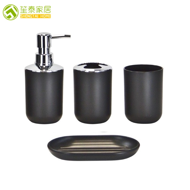 4Pcs/Set Bathroom Suit Set Holder Bathing Soap Box Cup Toothbrush Holder Soap Dispenser Black White Gray Dish Bath Storage Sets: Black
