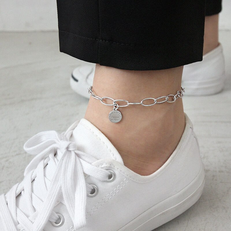 S'STEEL 925 Sterling Silver Anklets For Women Geometry English Disk Gold Color Enkelbandje Zilver Foot Acessorios Fine Jewelry: Platinum color