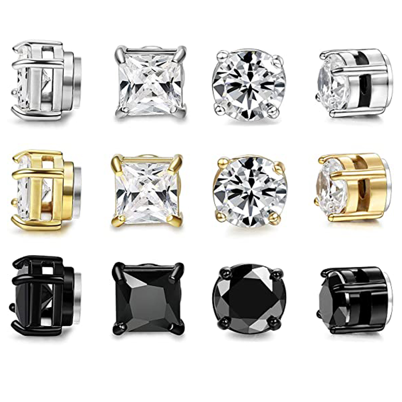 6 Pairs of Stainless Steel Magnetic Stud Earrings Male Female Zircon Magnet Non-perforated Clip Earrings Set Black Steel Gold