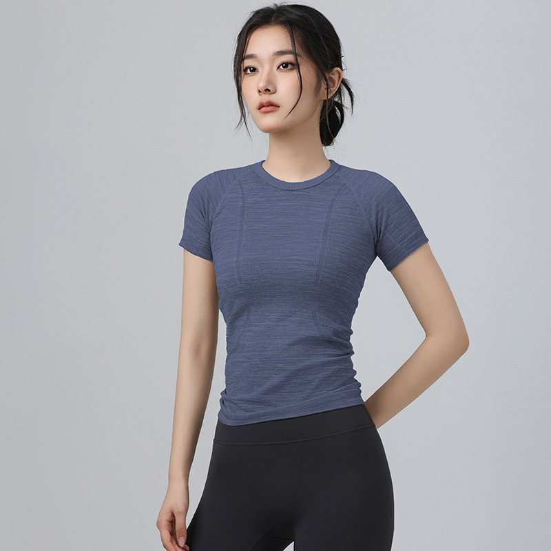 Sommer tætsiddende slank yogadragt kortærmet rund hals hurtigttørrende åndbar løbesports-t-shirt stretch pilates-top: M / Marine blå