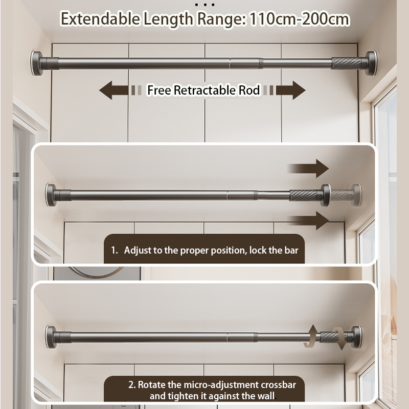 Nein schlagen Teleskop-Wäscheständer, 110–200 cm, einziehbare Metallstange für Vorhänge, Kleideraufhängestange für Balkon, Badezimmer, Kleiderschrank