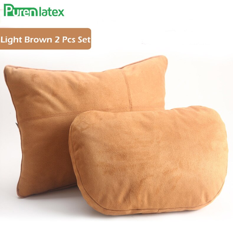 Ensemble de coussins de voiture en pur latex, oreiller orthopédique pour appui-tête en soie, protège le cou, soulage les douleurs à la tête, coussin de siège de conduite, oreiller automatique: Ensemble marron clair