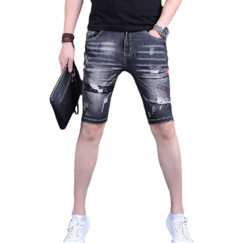Men's Denim Shorts Printed Ripped Knee Length Jean Summer Casual Black Gray Slim Fit Straight Short Jeans Male Clothing