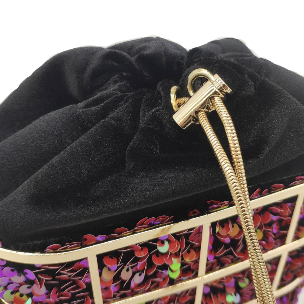 Boutique De Fgg Bling Lovertjes Vrouwen Metalen Emmer Clutch Handtassen Chain Schouder Crossbody Tassen Party Cocktail Avond Purse Bag