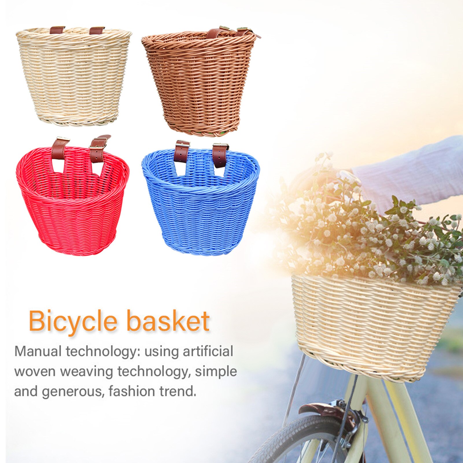Kids Front Handle Bicycle Basket Artificial Woven Bicycle Basket Wicker Blue Suitable For Boys And Girls Bicycles Wicker Baskets