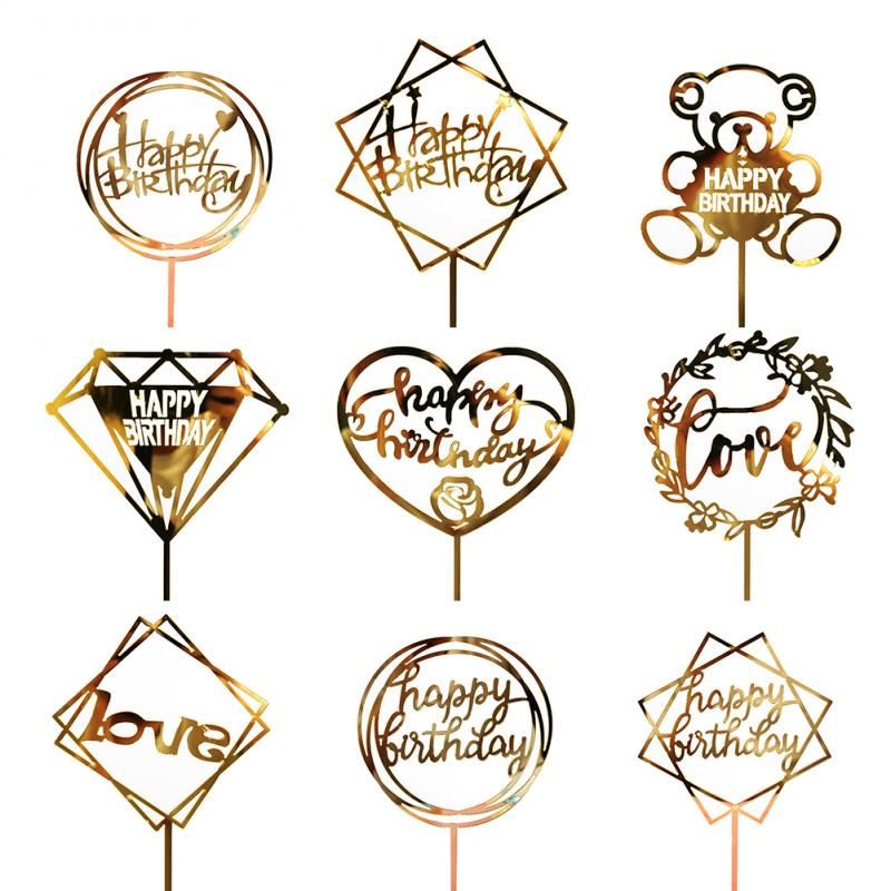 Gold Acrylic Hand Writing Happy Birthday Cake Dessert Decoration For Birthday Party Lovely Stamping Golden Insert Card