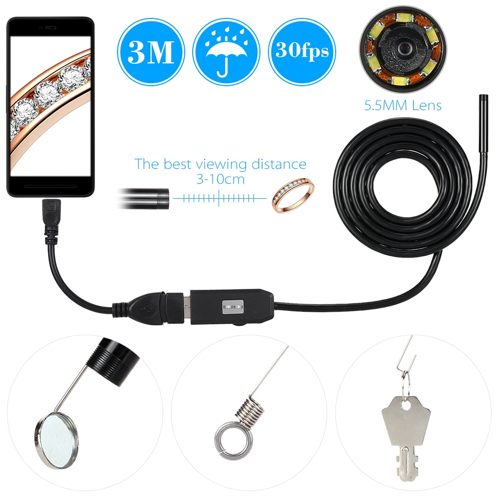 OWSOO 5.5mm 6 LEDs USB Endoscoop 3 M Kabel Android Mini Riool Camera Borescope voor OTG USB Wire Slang tube Camera Auto Inspectie