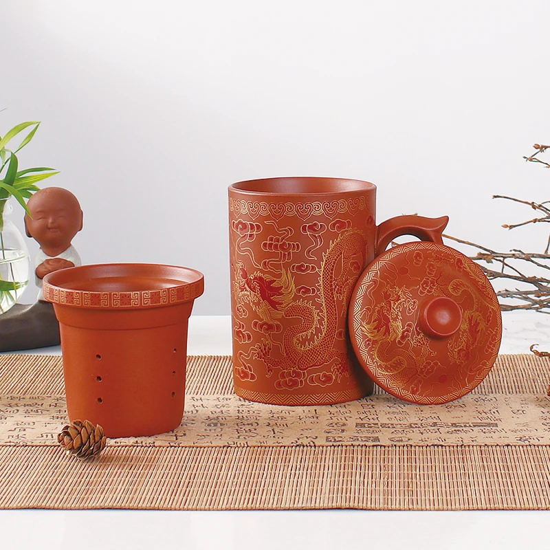 Retro Traditionele Chinese Draak Phenix Paarse Klei Thee Mok met Deksel Zetgroep Handgemaakte Yixing Zisha Thee Cup 300ml Theekopje Mok