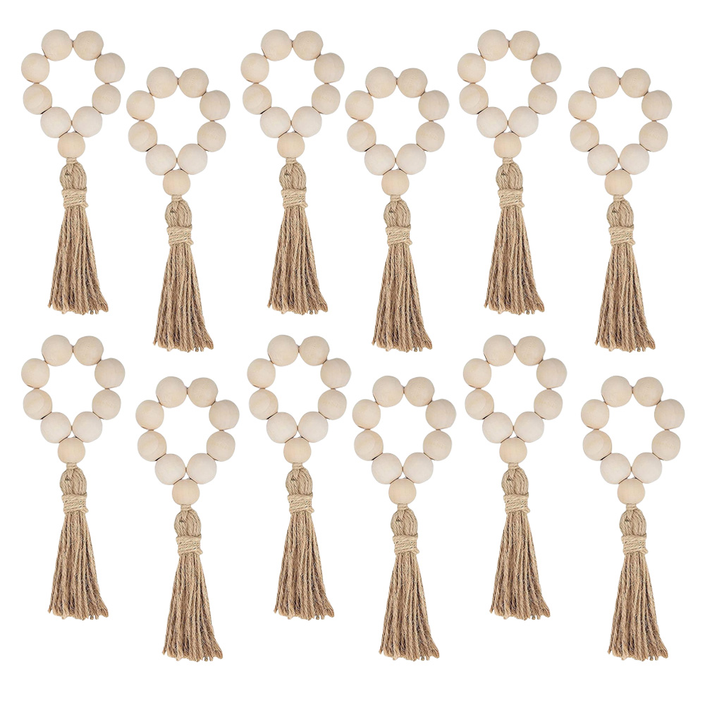 1/12PCS Wood Bead Napkin Rings Garland With Tassels Farmhouse Beads Rustic Country Table Napkin Holder Weddings Home Boho Decor: light yellow