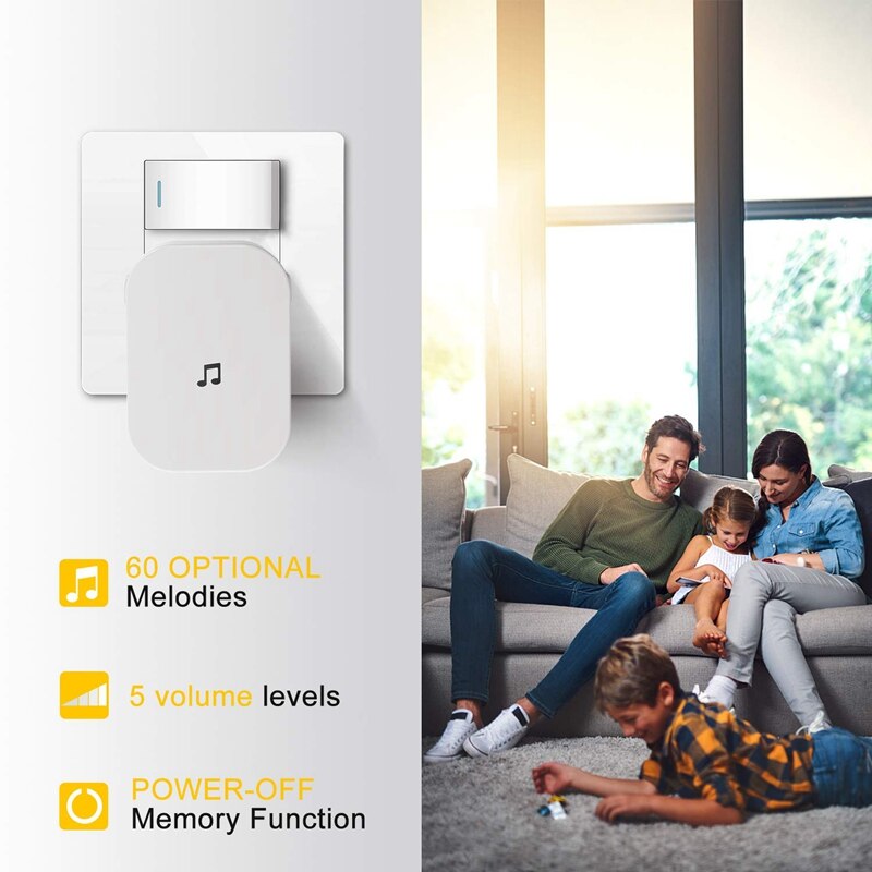 Wireless Doorbell 5 Volume Levels Led Flash Door Bell For Home,Classroom,Bedroom,Office Etc.Eu Plug