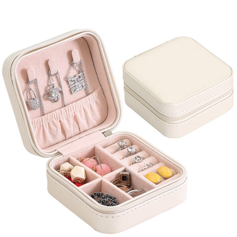 Guanya, novedad, Mini pendientes de tuerca, caja de joyería, organizador de maquillaje útil con cremallera, viaje, estuche de exposición portátil, para mujer: White 1layer