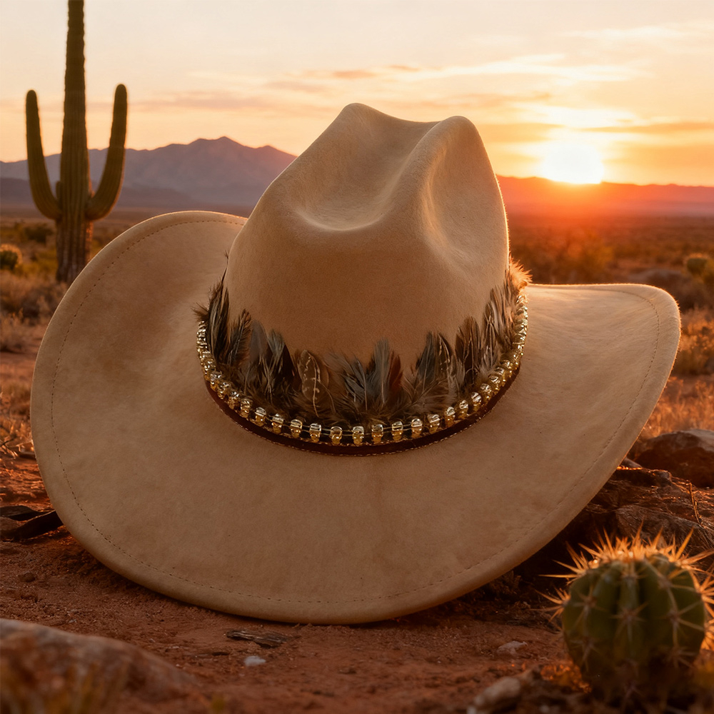 ethnic Vegan Suede Cowboy Hat wide brim feather Cowgirl hat party Western Cowboy hat Cattleman Style knight hat