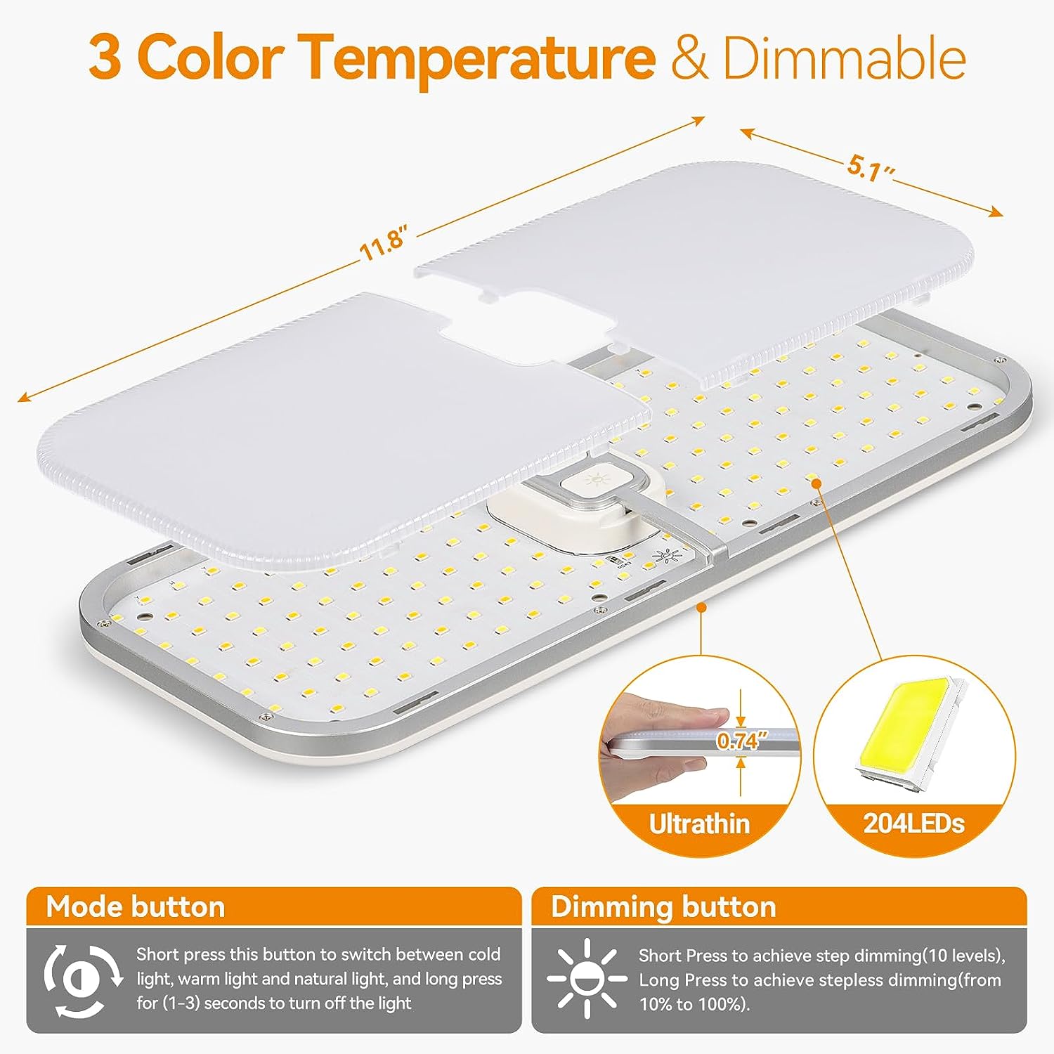 Rv Verlichting Interieur, 3 Kleuren Camper Verlichting, 204 Leds Dimbaar 12V Volt Led Lampen Armatuur, Rv Plafond Dome Licht