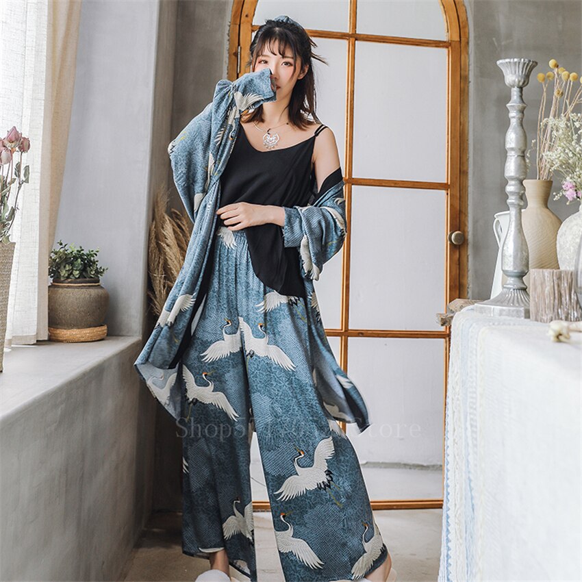 Ukiyo-e-Kimono japonés para mujer, traje de pijama de grulla Vinatge Yukata, abrigo + Top + Pantalones, ropa asiática Haori Samurai Harajuku, 3 uds.