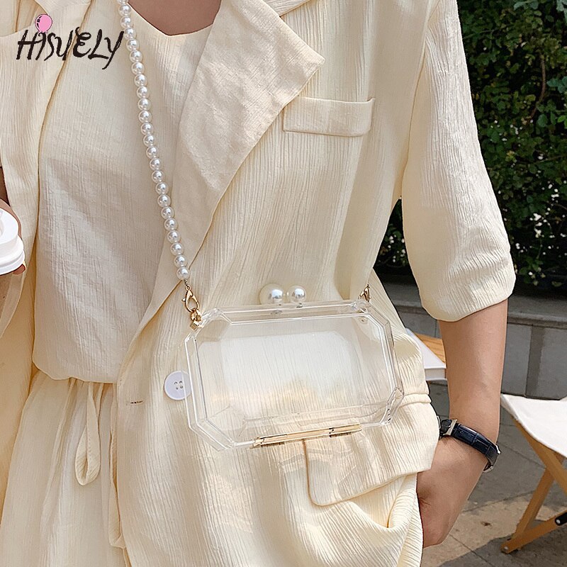 2022 moda trasparente scatola acrilica pochette borsa da donna trasparente borsa a forma di botte di plastica borsa da festa per ragazza con catena di perle