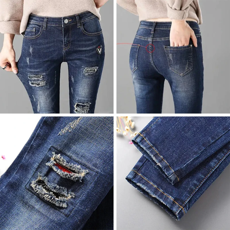 Jean déchiré Boyfriend pour femmes, Streetwear, slim, pantalon crayon, décontracté, noir, extensible