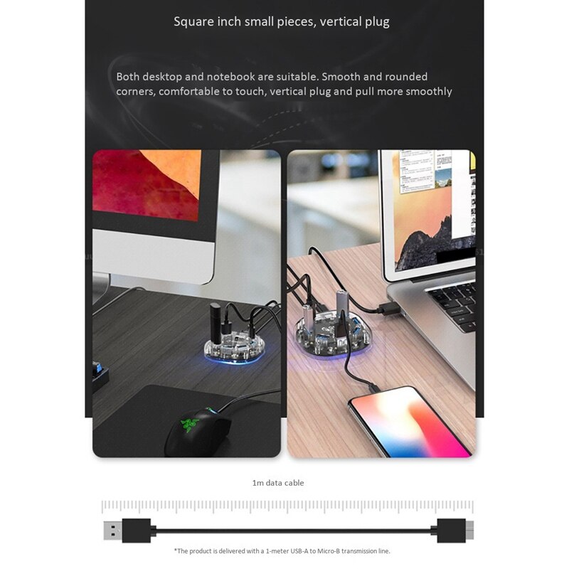 Orico Usb 3.0 Hub 7-In-1 Usb 3.0 Transparante Desktop Docking Station Met Blauwe Lampje Multi-Poort Converter Voor Laptop