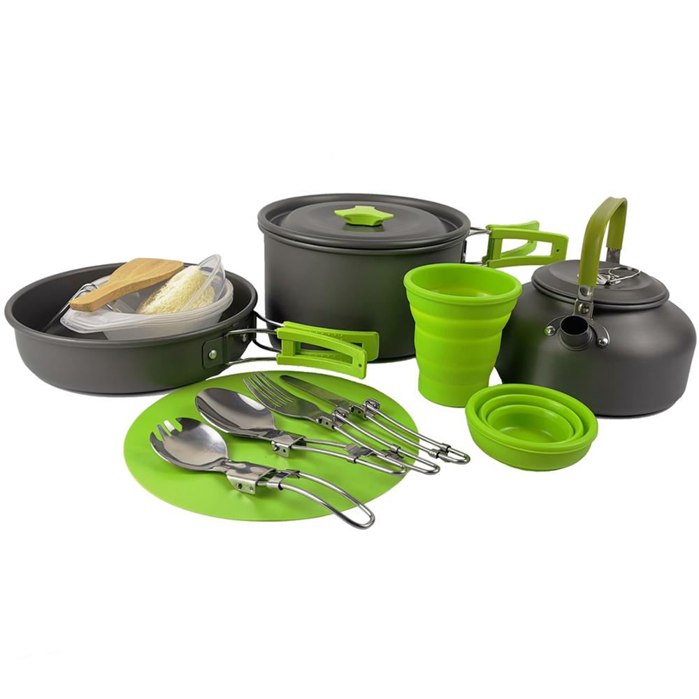 Camping kokkärl set utomhus aluminium matlagning set vattenkokare pan gryta resa vandring picknick grilla porslin utrustning turism