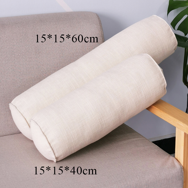 Coussin rond et Long de couleur unie, coussin amovible en lin lavable, coussin de lit en rouleau, Support de tête et de dos léger, colonne de voyage: beige / 15x15x60cm