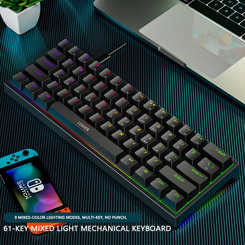 Mini gaming mekanisk tastatur 61 taster type-c blå switch rgb lys justerbar ergonomi kablet tastatur til gamer bærbar pc