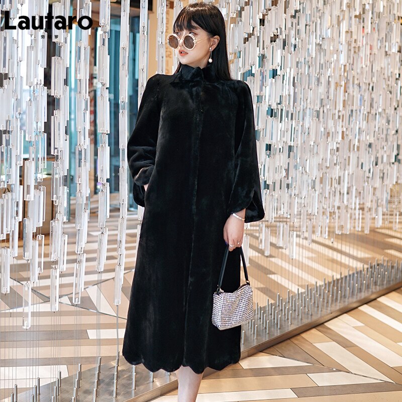 Lautaro winter lange zwarte imitatiebontjas voor dames met opstaande kraag en een dikke, warme, pluizige jas, plus size dameskleding