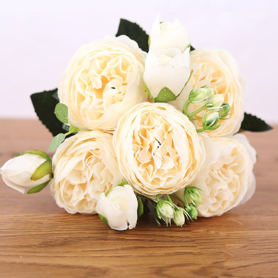 30 cm persisk rose korean buket pæon kunstig blomst 5 stort hoved 4 lille knopp bryllup boligindretning blomst fotografering prop: Hvid