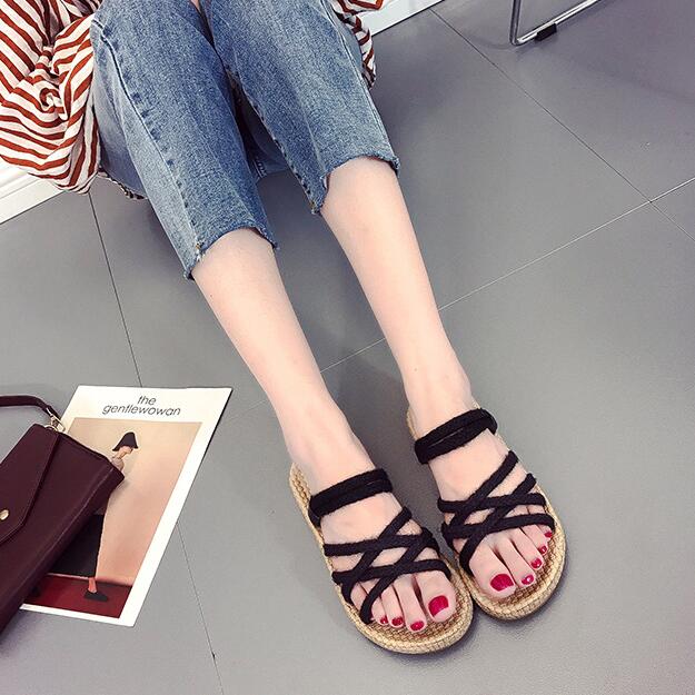 YEELOCA Hanf Seil Kreuz-krawatte Frauen Unterhose-an Strand Sandalen Pumps schneiden-aus Hausschuhe Frauen Schuhe Wohnungen zandalias De Verano Mujer: Schwarz / 39
