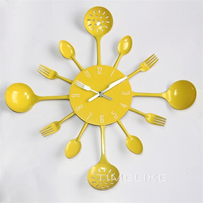Horloge murale de cuisine en métal | De grande taille, en métal de cuillère à fourchette, horloge murale de cuisine, spécial: Jaune