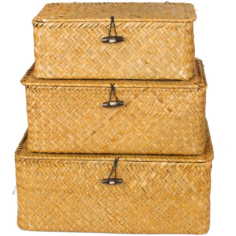 Woven Wicker Storage Bins with Lid - Set of 3 - Rectangular Seagr Basket/Storage Basket For Shelf Organizer