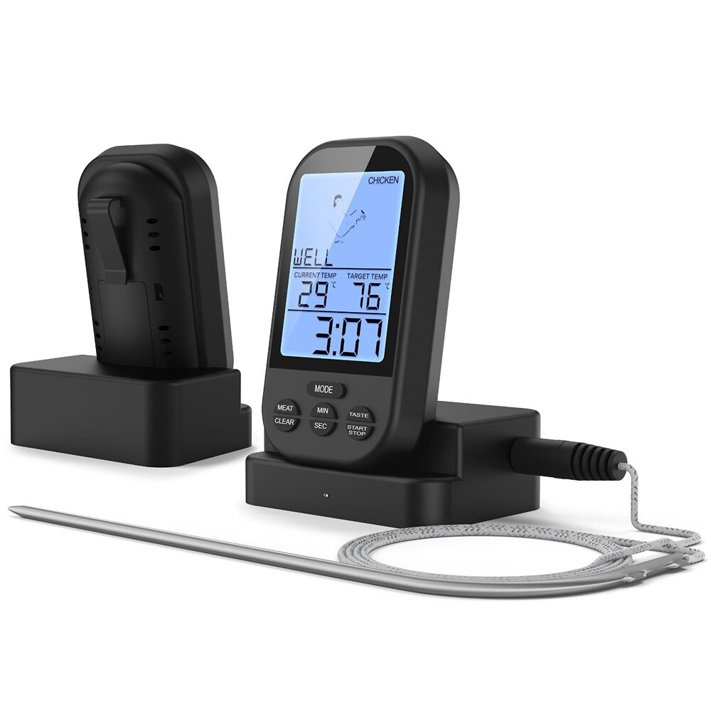 Trådlös fjärrkontroll digital termometer timer matlagning kött termometer sond kött biff bbq temperaturmätare kök matlagning verktyg: Svart