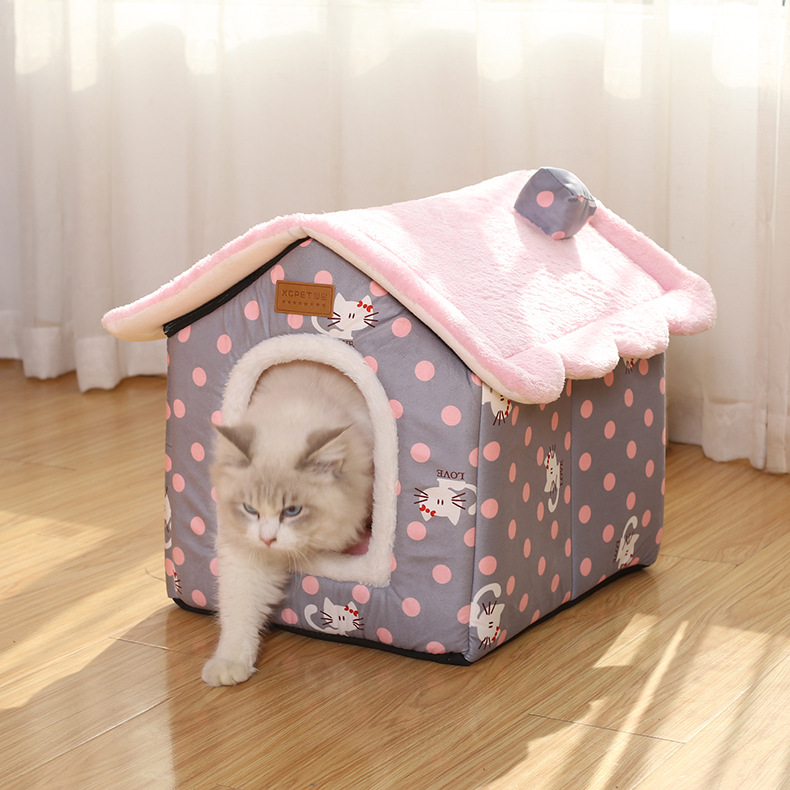 Maison de chat amovible avec tapis de dessin animé, maison de chien, , confortable, lit grotte de luxe, fournitures pour animaux de compagnie: Rose / 52cmX43cmX50cm