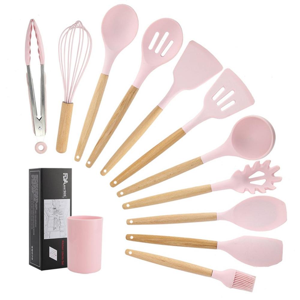 11Pcs Silicone Cookware Set Heat Resistant Non-stick Safe Cooking Baking Tool Kit Utensils Kitchen Accessories With Storage Box: 11pcs pink