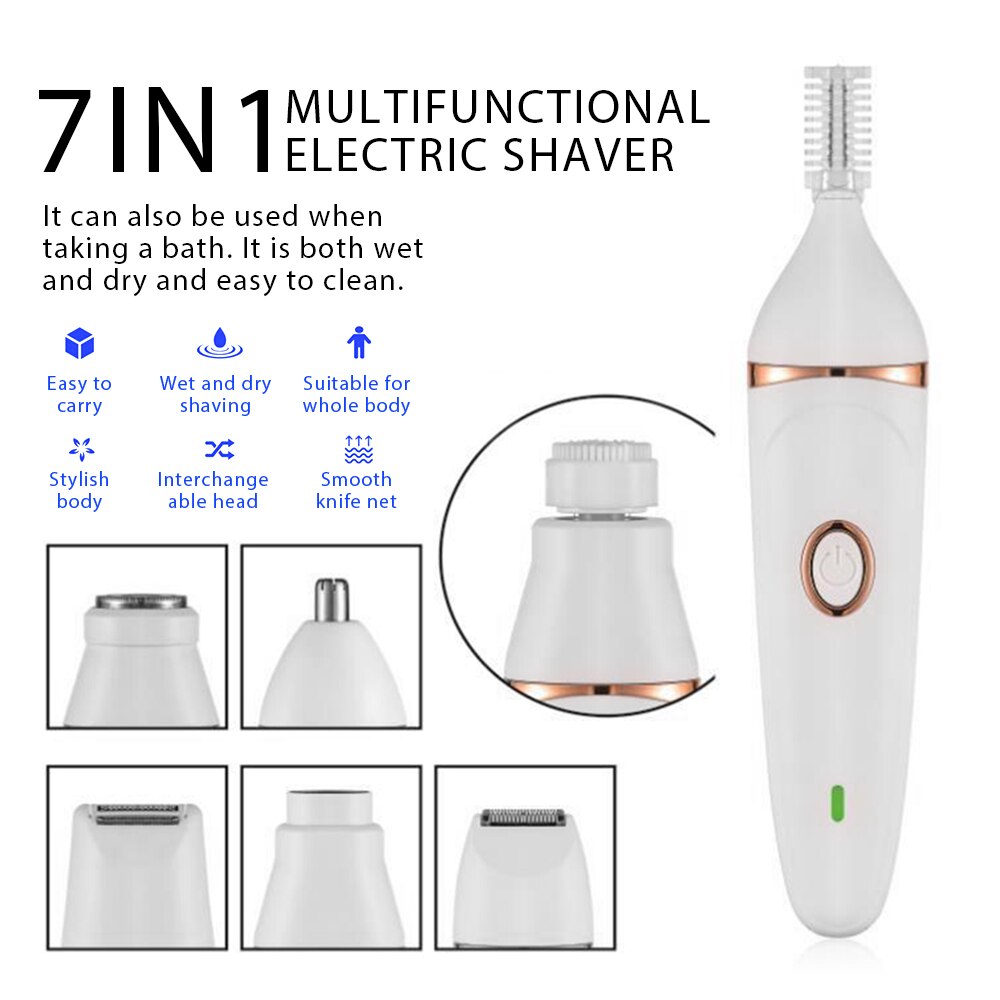 5 in 1 kvinder hårfjerning dame barbermaskine uldenhed epilator kvindelig barbermaskine øjenbryn næse elektrisk trimmer ansigtsrensning: 7 in 1 hvid