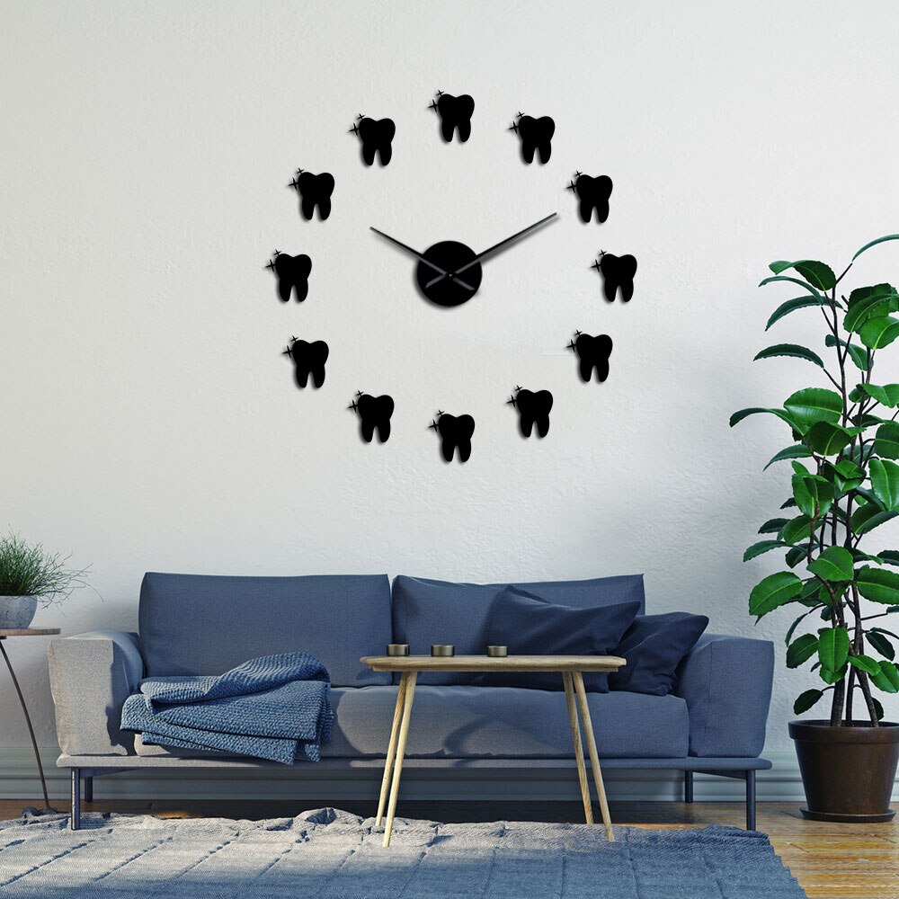 Teeth 3D Mirros Stickers Modern Tooth Style DIY Large Wall Clock Dental Office Wall Decor Silent Non Ticking Big Clock