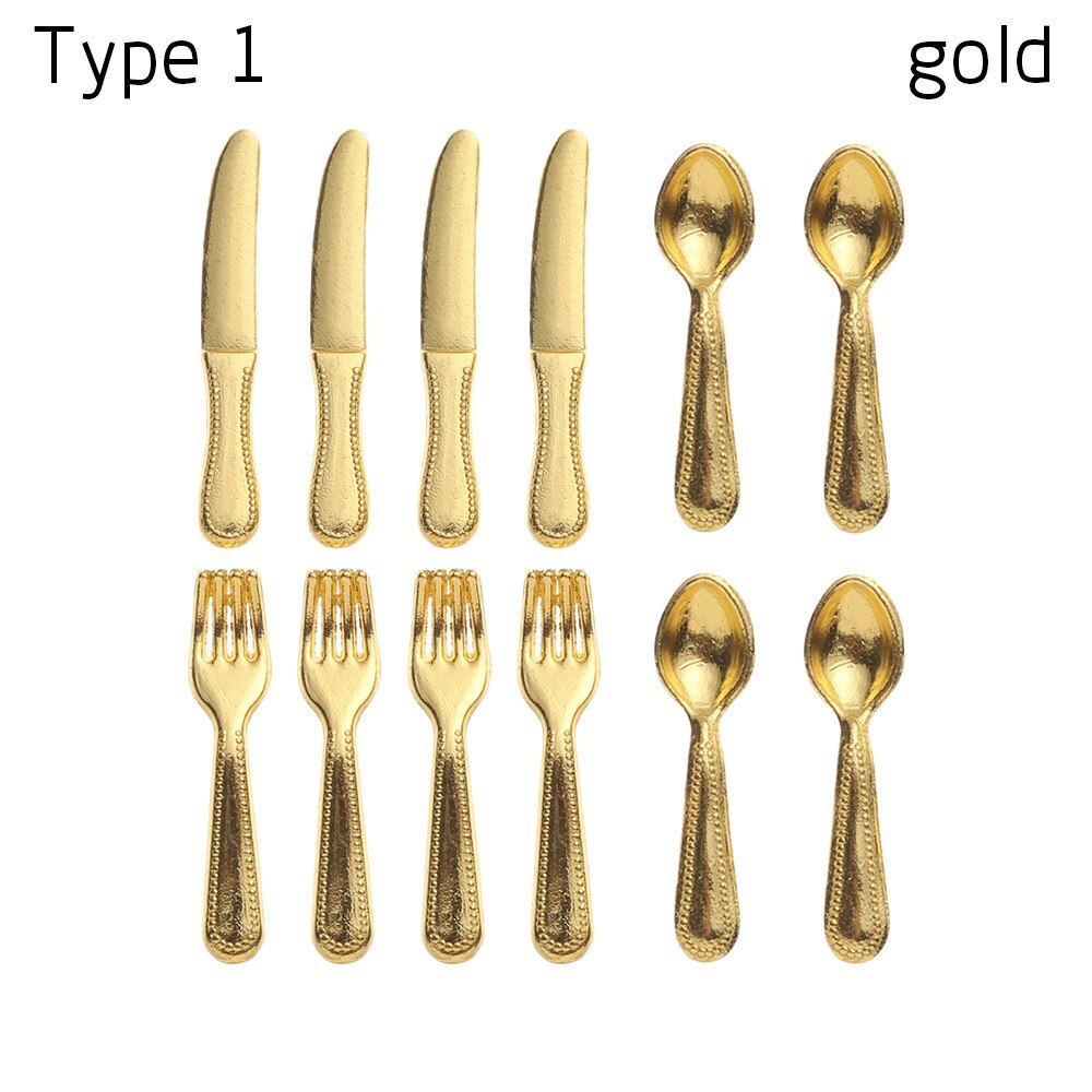 12Pcs Simulation Mini Cutlery Set Dollhouse Furniture 1:12 Scale Fork Knife Spoon Miniature Tableware Doll Accessories: Type 1 - gold